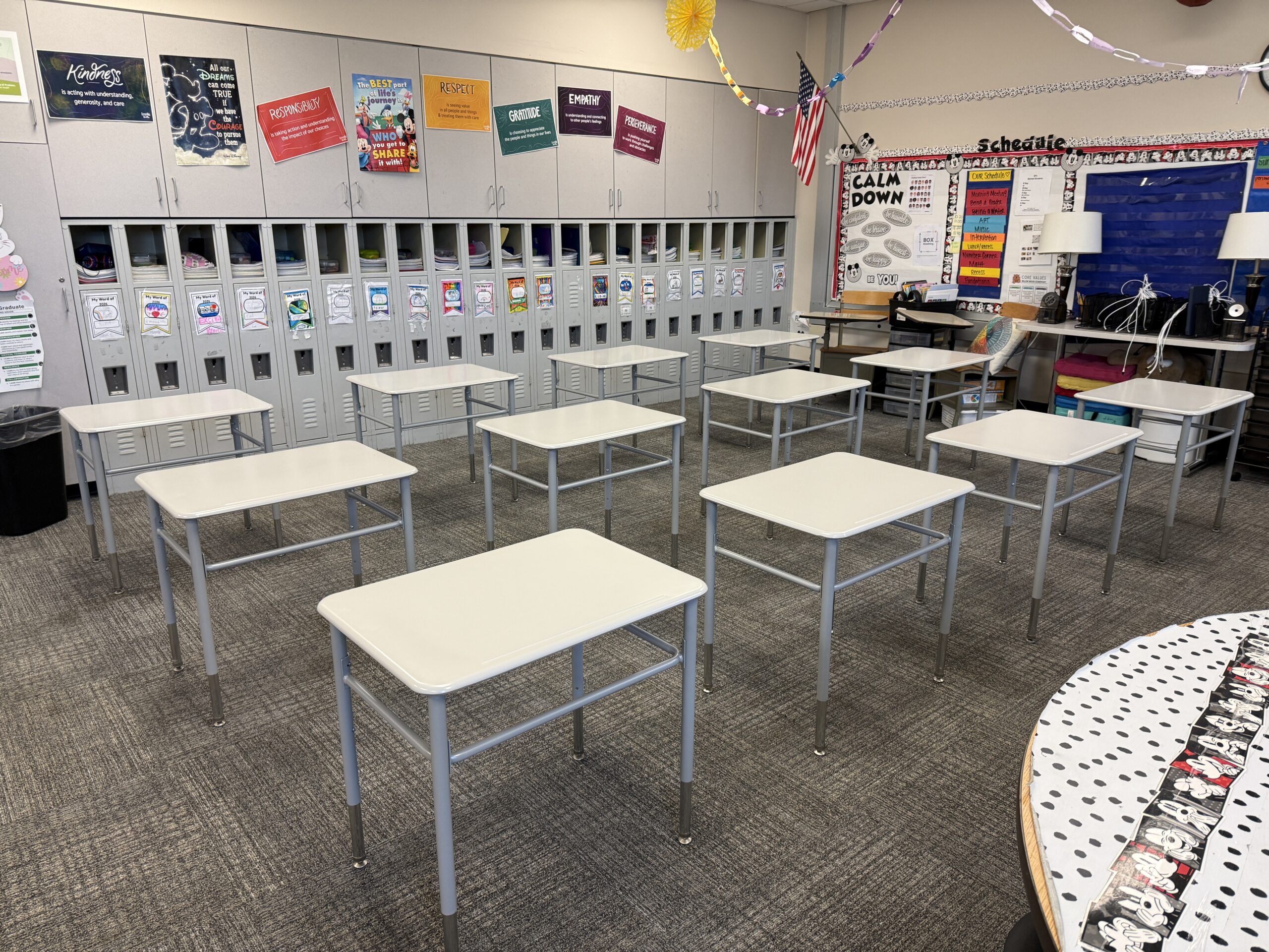 Classroom furniture installation with desks and chairs