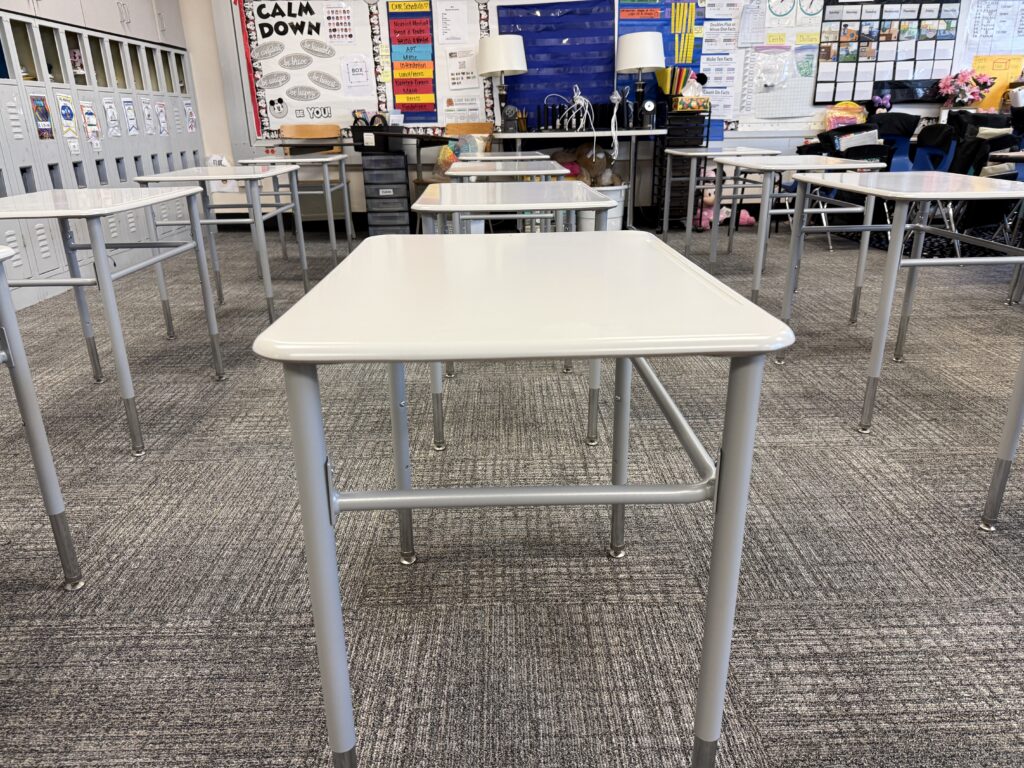 student desks installed in a classroom