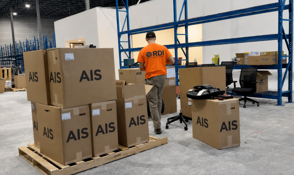 RDI crew member receiving AIS furniture inventory for a commercial install project