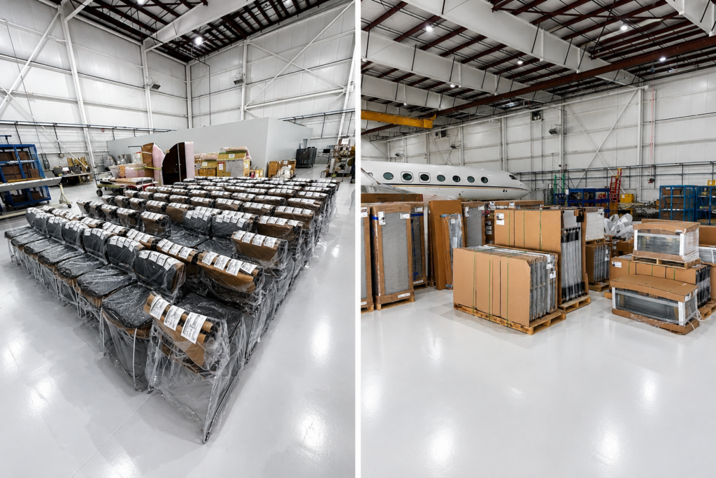 RDI warehouse staging commercial office furniture for white-glove office moving and installation