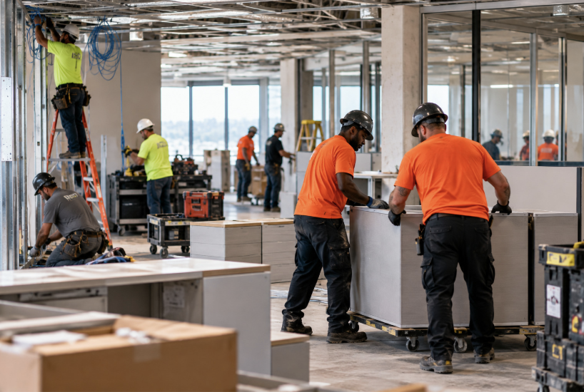 RDI furniture installers assembling office workstations alongside electricians during a commercial office build-out.